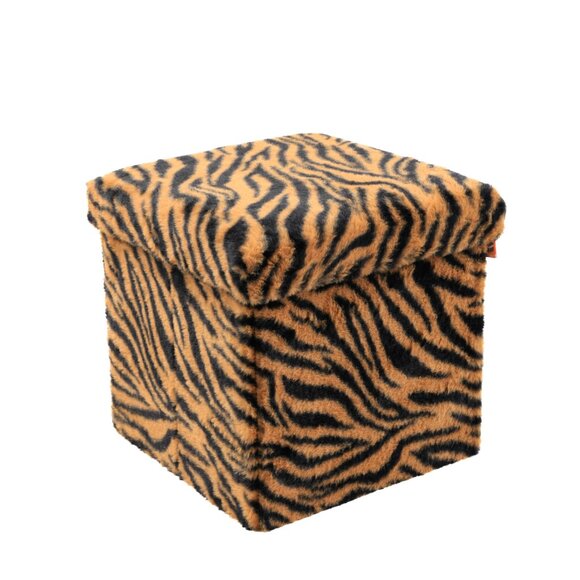 Go-Poufs Knock-Down Small Cube Faux Fur Storage Ottoman | Tiger Tan/White - Picture 3 of 5